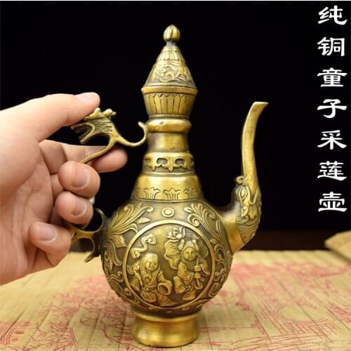 Pure brass ornaments crafts antique decoration Pure Copper ornaments kettle pot Home Furnishing decoration old pure copper pot