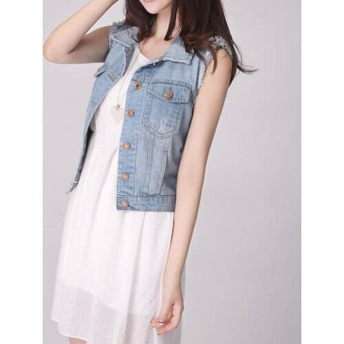 Women Sleeveless Turn-down Collar Breasted Denim Jacket 2021 Spring Denim Vest Casual Coat Vintage Female Clothing Jean Cardigan