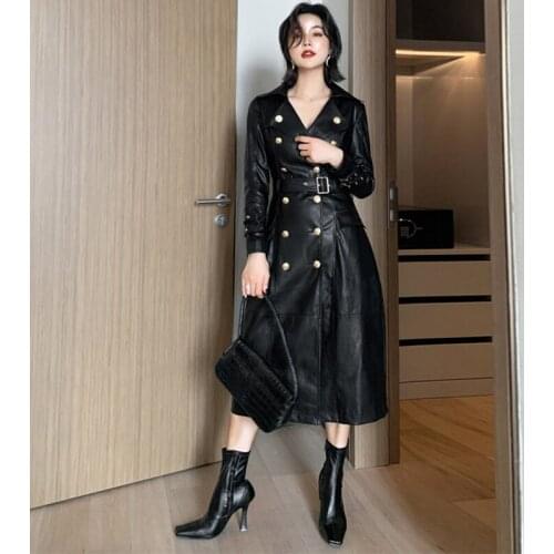 Faux Leather Jacket Women Vintage Casual PU Jacket Female Streetwear Coat Sashes Pockets Outwear Tops Black Long Trench Clothing