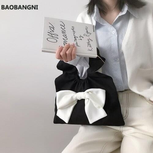 Lovely Bowknot Pleated Women Canvas Shoulder Bags Fashion Design Ladies Small Clutch Purse Handbags Girls Student Mini Tote Bag