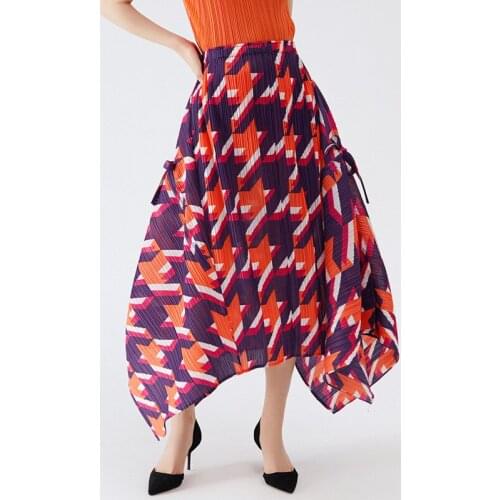Issey Miyake pleated ladies skirt houndstooth print irregular skirt female summer 2022 high waist thin split split pleated skirt