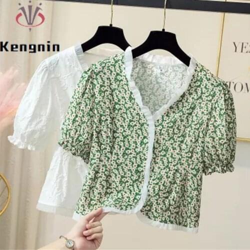 Plus Size 4XL Print Floral Chiffon Women Blouse Summer Short Puff Sleeve Female Short Tops Loose V-Neck Button Lady Shirt KE1639