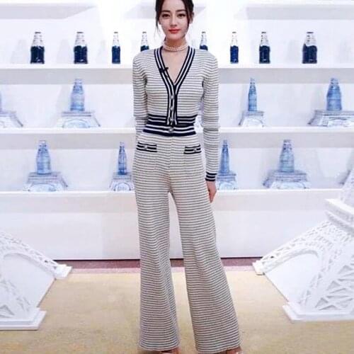 Autumn Women Fashion Striped Casual Tracksuit Two Piece Set Elegant Single Breasted Knit Cardigan Sweater Top+Wide Leg Pant Suit