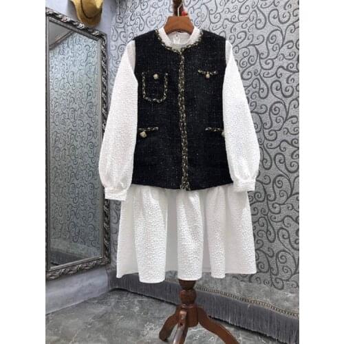 High Quality Designer Clothing Set 2021 Autumn Dress Suit Women Vintage Jacquard Prints Long Sleeve White Dress+Vest Jacket Set