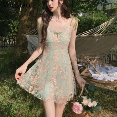 Summer Sweet Fairy Mini Dress Women Romantic Floral Embroidery Patchwork Mesh Straps Dress Elegant Chic Party Lace Beach Dresses