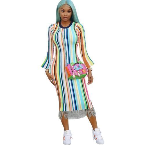 Comfortable material Long sleeved striped printed hem tassel fringed dress for Women Ladies S-2XL