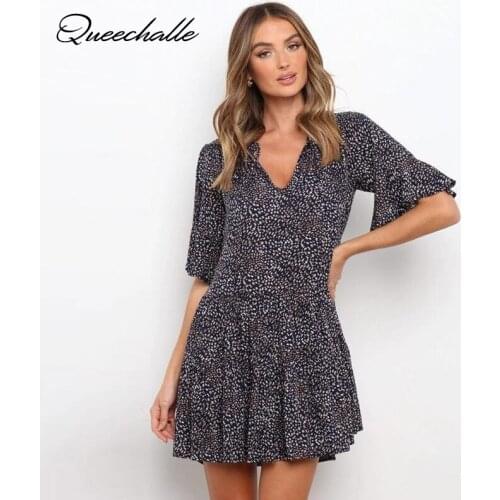2021 Summer Dress Women Leopard Print Boho Beach Dresses Casual Ruffle Short Sleeve A-line Mini Party Dress Female Vestidos