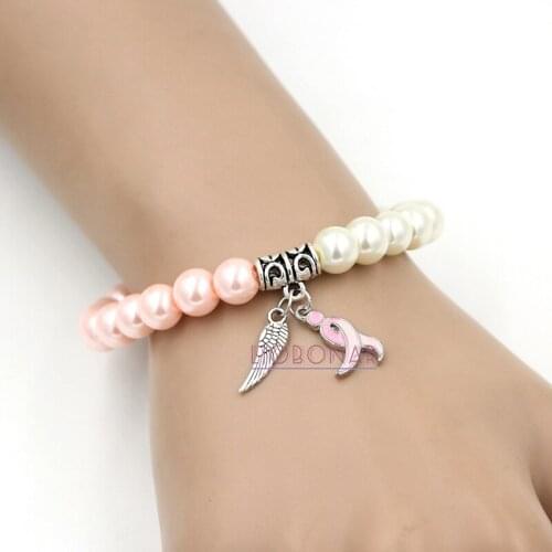 10pcs/lot Wholesale New Pearl Bracelet Breast Cancer Awareness Jewelry Angel Wing Pink Ribbon Bracelet for Women Girl Pulsera