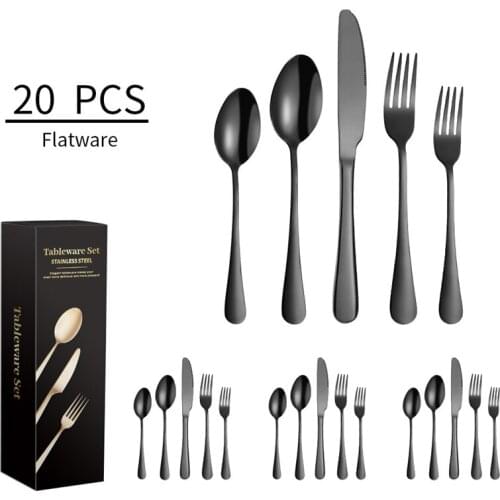 20 PCS Black Tableware Stainless Steel Cutlery Set Forks Knives Spoons Kitchen Dinner Set Fork Spoon Knife Gold Dinnerware Set