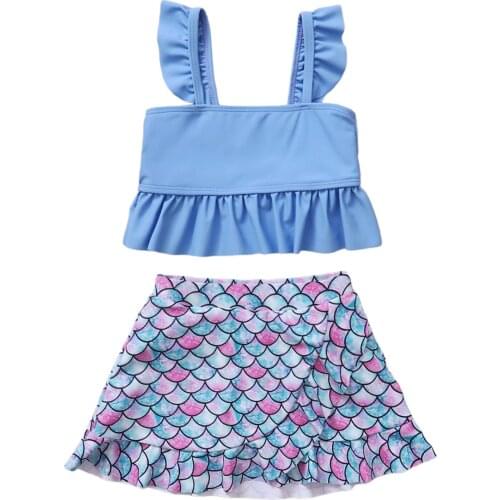 2021 0-4Y Fashion Kids Baby Girl Swimming 2pcs Set Summer Blue Solid Square Collar Crop Top+Scales Ruffle Shorts Skirt Swimwear