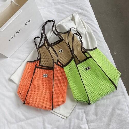 2021 Women Handbag Beach Bag Funny Eye Decoration Ergonomic Handle Fine Mesh Reusable Storage Net Support