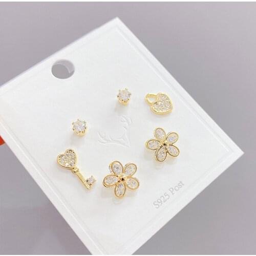 2021 New Design 6 Pcs 14K Gold Plated Flower Stud Earrings Luxury Jewelry Cubic Zircon Heart Key Earrings