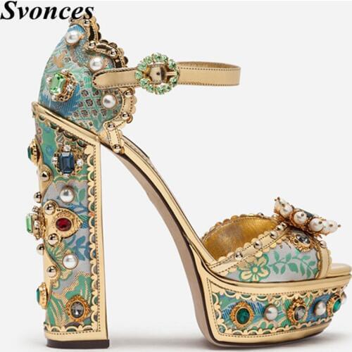 Luxury Gold Fashion Platform Woman Sandals Jewelry Flower Pattern Crystal High Heel Sandals Spikes Pearl Novelty Shoes Women