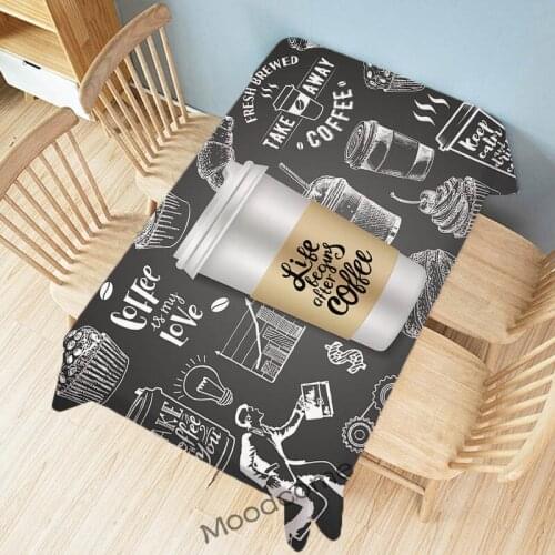 Black White Hand Drawn Coffee Time Cafe Store Menu Poster Style Decoration Wall Tapestry Water Resistant Table Cloth Desk Cover