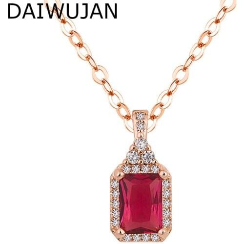 DAIWUJAN Korean Rose Gold Crystal Pendant Necklaces For Women Luxury Square Ruby Clavicle Chain Necklaces 925 Silver Jewelry