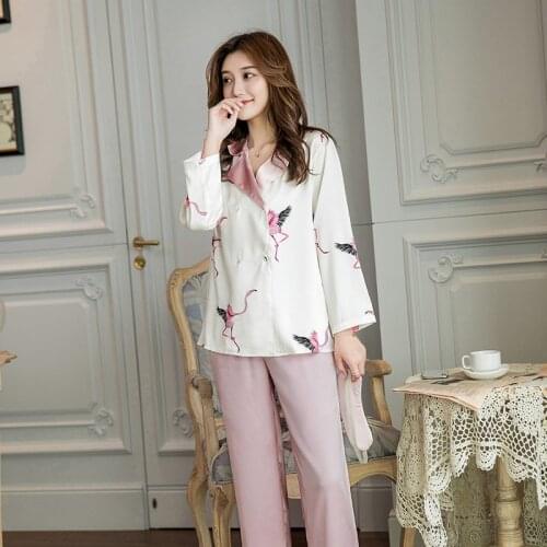 Double Breasted Pink Long Sleeved Trousers Pajamas Pink Crane Printing Women Sleepwear Silk-like Loungewear Satin Home Clothes