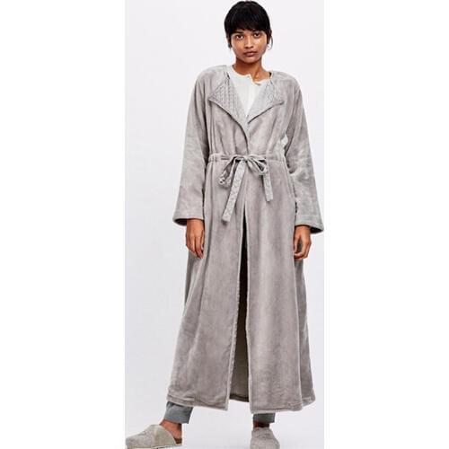 Coral Fleece Bathrobe Pajamas Women Winter Warm Satin Lapel Lengthened Gown Ladies Casual Kimono Bath Robes Sleepwear With Belt