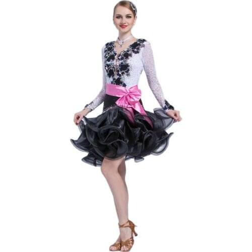 L-17177 Latin dance new adult female stage costumes roll become warped hem Latin dance dress for competition