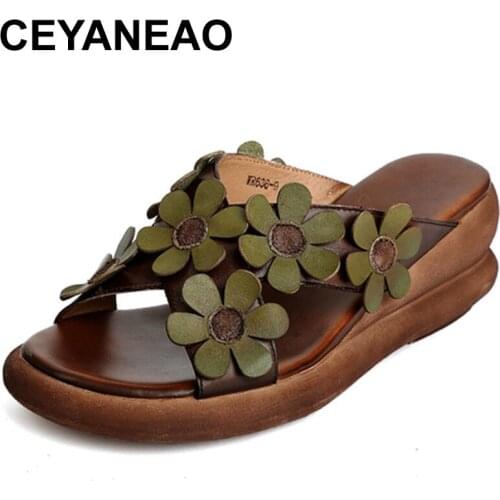 CEYANEAO2021 Summer first layer cowhide fish mouth flower womens shoes sponge cake bottom leather sandals and slippers