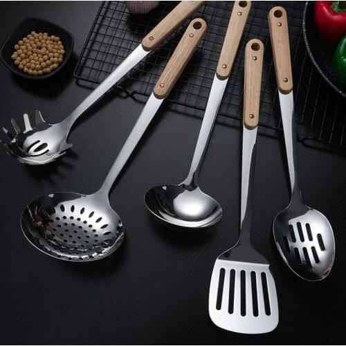 BalleenShiny Stainless Steel Spatula Kitchenware Household Wooden Handle Spatula Colander Kitchen Cooking Spatula Hot Pot Spoon