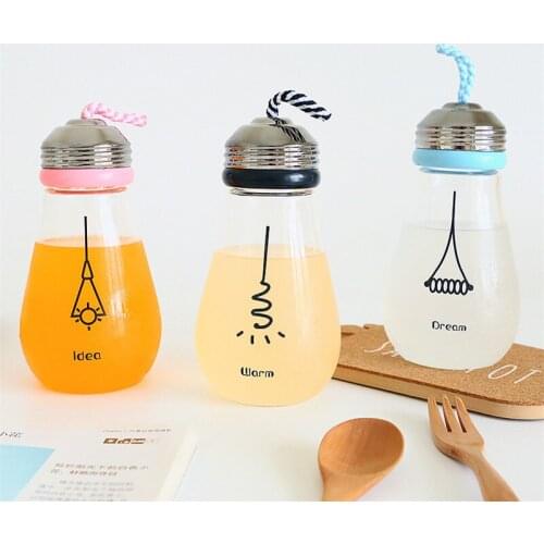 Cute Funny Bulb Water Bottle with Lid Sleeve Creative Kawaii Bike Sport Glass Bottle Girl Student Children