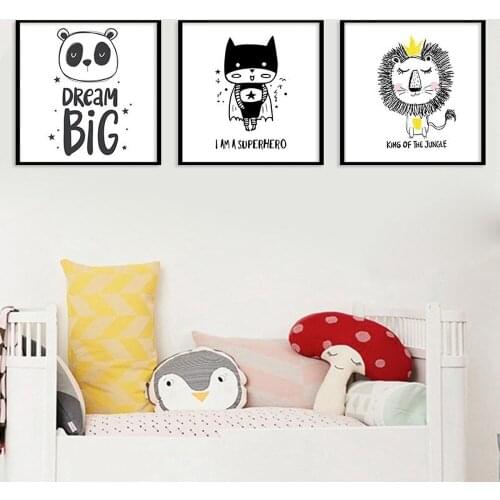 Cartoon Animal Panda Lion Canvas Painting DREAM BIG KING OF THE JUNGLE Poster Childrens Room Kindergarten Decor Wall Pictures