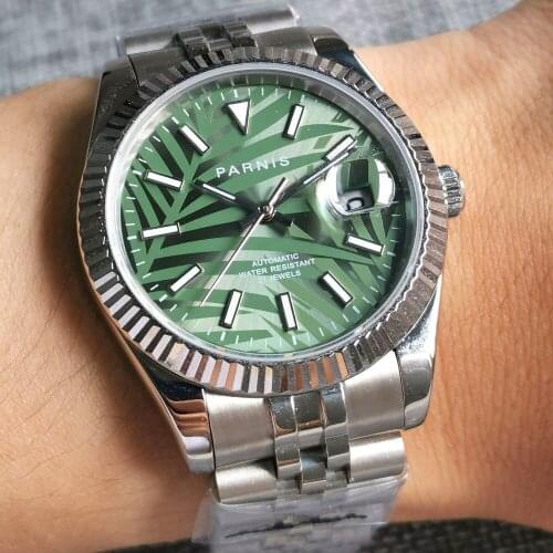 Parnis 39.5mm Luxury Mens Watch MIYOTA 8215 Automatic Movement Green Leaf Dial Date Cyclops Sapphire Glass Oyster/Jubilee Strap