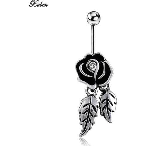 New Feathers Wing Dangle rose flower Navel Belly Crystal Button Bar Barbell Ring Body Piercing
