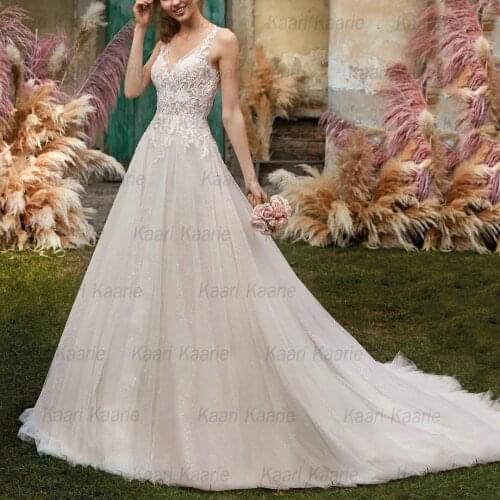 Charming Boho Wedding Gowns 2021 V Neck Robe De Mariée Lace Appliques Garden Women Bridal Dresses Long Custom Made Suknia Slubna