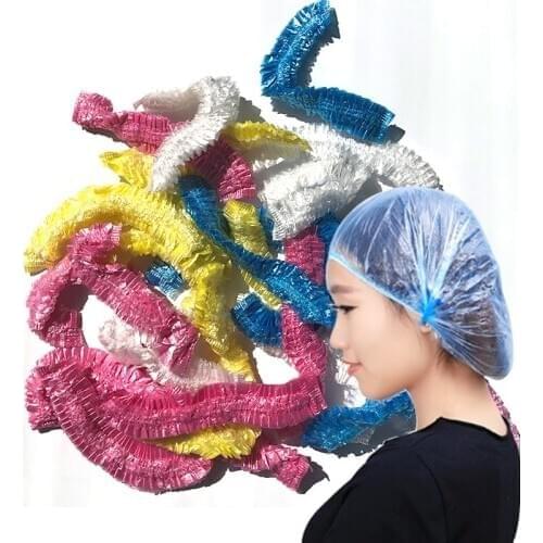 50Pcs Disposable Shower Cap Plastic Waterproof Transparent Color Shower Hat Hotel For Travel Home One Time Bathroom Products