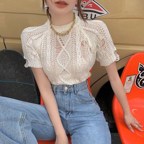 Sexy Hollow Out Crop Tops Slim Short Sleeve Solid Color Knitting Harajuku Mujer Camisetas Summer 2021 Woman Tshirts