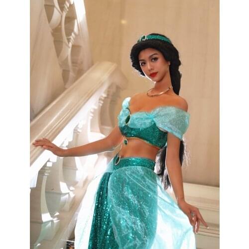 Sexy Girls Shinny Jasmine Princess Dress Aladdin Cosplay Costumes Women Blue Lamp Pants Full Set