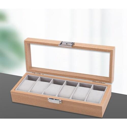 Watch Box Case Organizer Display for Men Women, 6 Slot Wood Box with Glass Top 310 x 120 x75mm