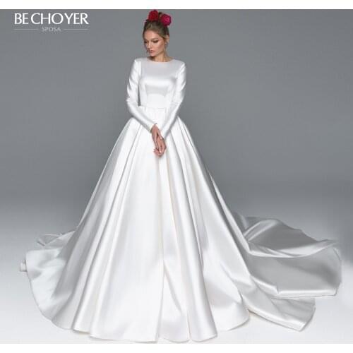 Wedding Dress Long Sleeve O-Neck Satin A-Line Court Train Muslim Princess Bride Gown Customized BECHOYER EL03 Vestido De Noiva