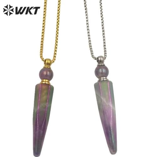 WT-N1282 Wholesale Natural amethysts stone bullet shape essencial oil necklace lady 24 inch stainless stone perfume necklace