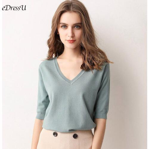 Women Knit T-shirt Pullover V Neck Spring Summer T shirt Short Sleeve Solid Knitwear Green Korean Casual Office Lady Jumper HW-3