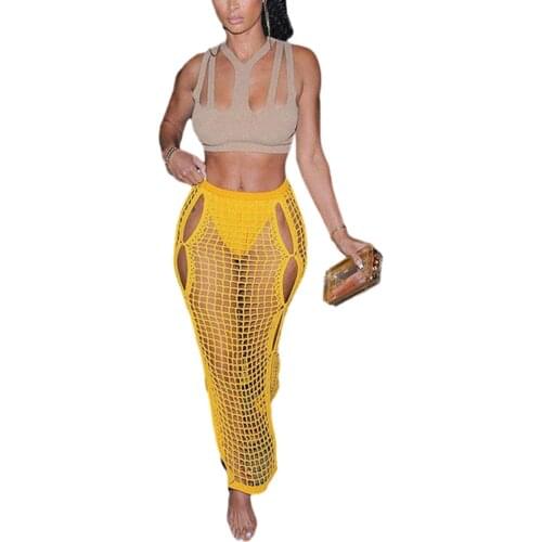 Women Summer Knit Skirt Crochet Sexy Slim Fit Hollow Out Long Skirts High Waisted Solid Color Skirt Beach Club Sexy Skirt