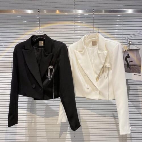 2021 spring autumn new fashion letters rhinestone chain blazer women notched temperament ladies short suit jacket