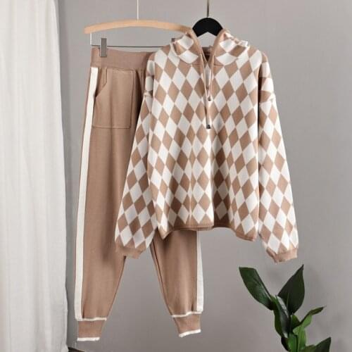 New Autumn Womens Tracksuit Knitted Hooded Diamond Jacquard Zipper Sweater Cardigan + Pockets Harem Pants Two Piece Set Women