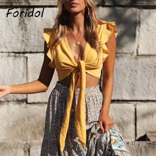Foridol Ruffle Sleeveless Yellow Tank Tops Women Tie Front Bowknot Crop Tops Casual Boho Lace Up Cute Holiday Beach Tops 2021
