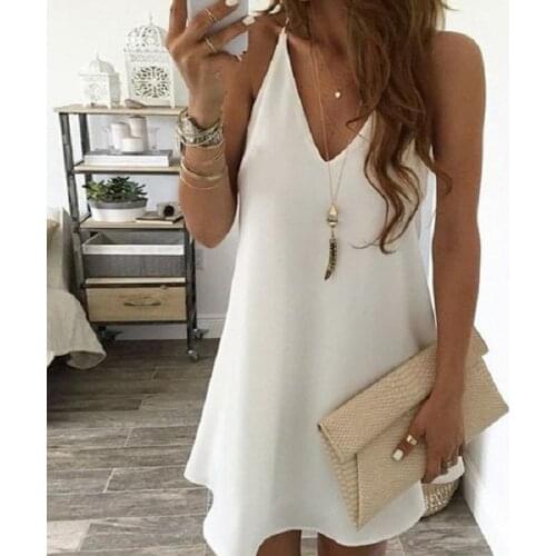 Ladies Sexy Solid Color V-Neck Suspender Dress Casual Chiffon Short Skirt Plus Size Womens Clothing
