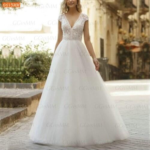 Sexy V Neck Wedding Dresses White 2021 Bride Gown Custom Made vestido de novia A Line Tulle Backless robe de mariage matrimony