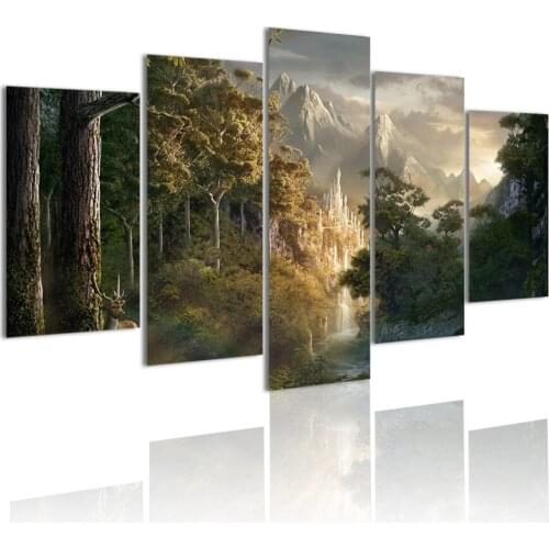 Fantasy Deer Animals Nature Mountains 5 Panels HD Canvas Painting Posters Wall Art Print Pictures Living Room Home Decor Frame
