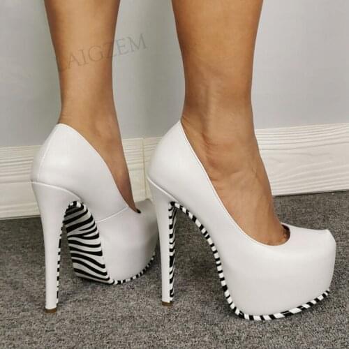 BERZIMER Women Platform Heels Pumps Round Toe Thin High Heels Zebra Bottom Zapatillas Prom Party Shoes Woman Size 41 45 46 52