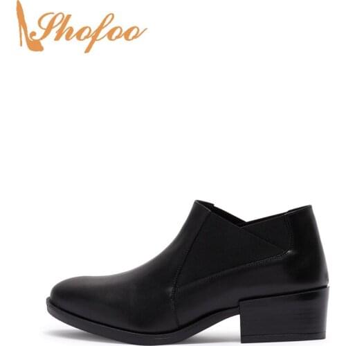 Black Ankle Boots High Chunky Heels Round Toe Chelsea Booties Woman Large Size 12 16 Ladies Winter Fashion Elastic Shoes Shofoo