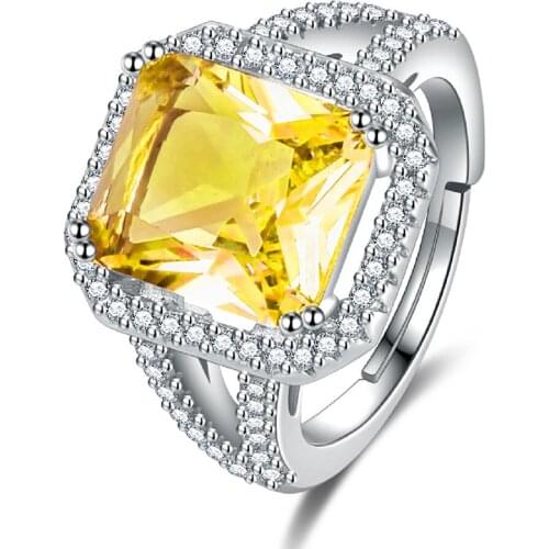 Big Square Yellow Crystal Citrine Gemstones Diamonds Rings for Women White Gold Silver Color Jewelry Trendy Party Accessories