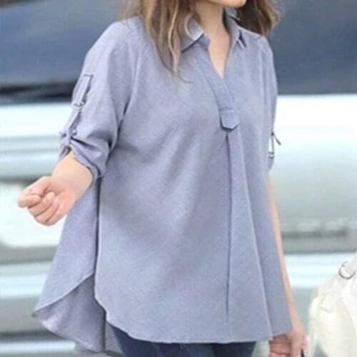 L-4XL 3Colors Loose V-Neck Turn-down Collar Short Sleeve Blouses Loose Comfortable Women Chiffon Shirts