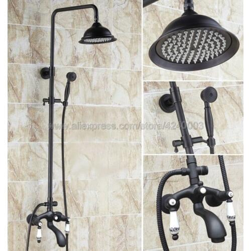 Black Oil Rubbed Brass Bathroom Rain Shower Faucet Set Bath Tub Mixer Tap With Hand Sprayer Khg133