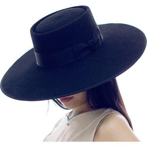 LIHUA 100% wool peaked cap Women Like 12cm Large Brim Europe Style Party Hat latest Fashion Flat Top Bowler Hat