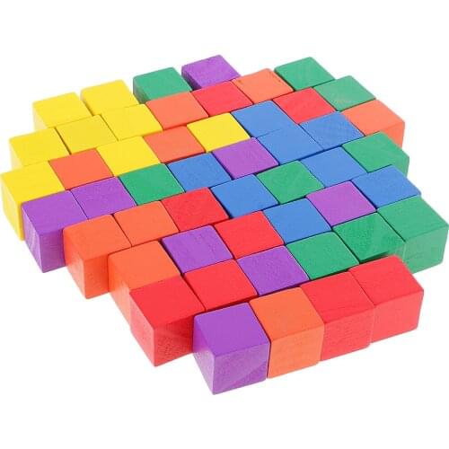Set of 50 Multi-colored Wood Square Blocks Cubes for Kids Toy Christmas Gift